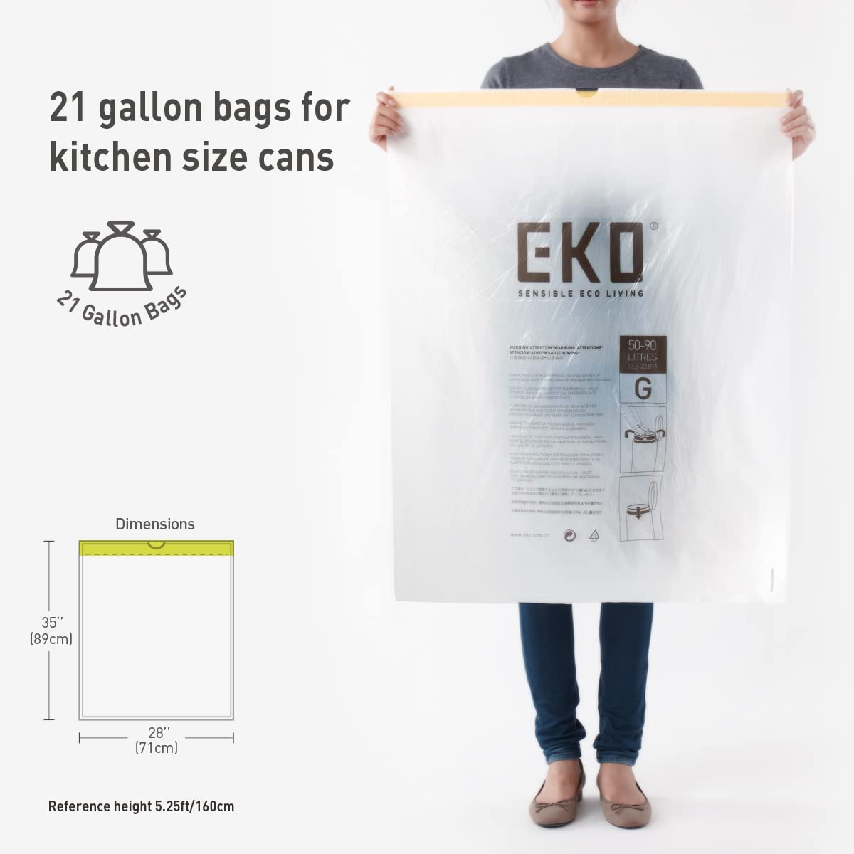 Drawstring Trash Bags, 21 Gallon, 60 Count, White