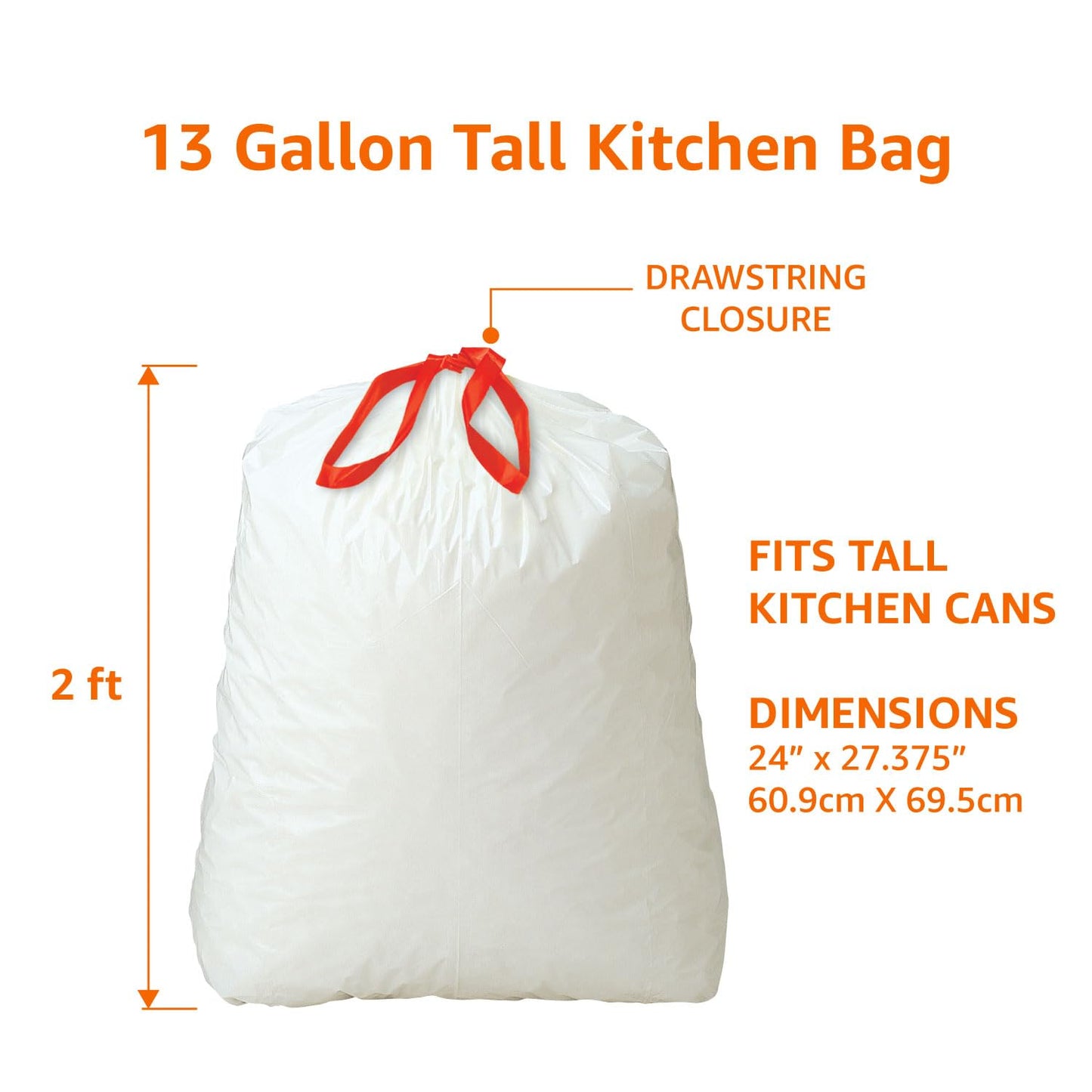 Tall Kitchen Drawstring Trash Bags, 13 Gallon, 120 Pack, Unscented