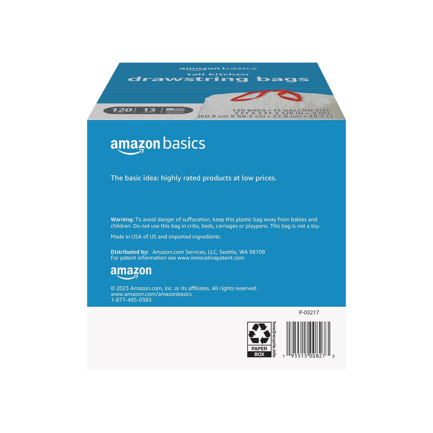Tall Kitchen Drawstring Trash Bags, 13 Gallon, 120 Pack, Unscented