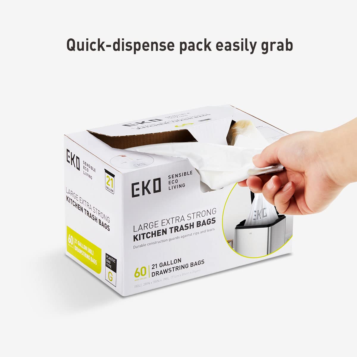 Drawstring Trash Bags, 21 Gallon, 60 Count, White