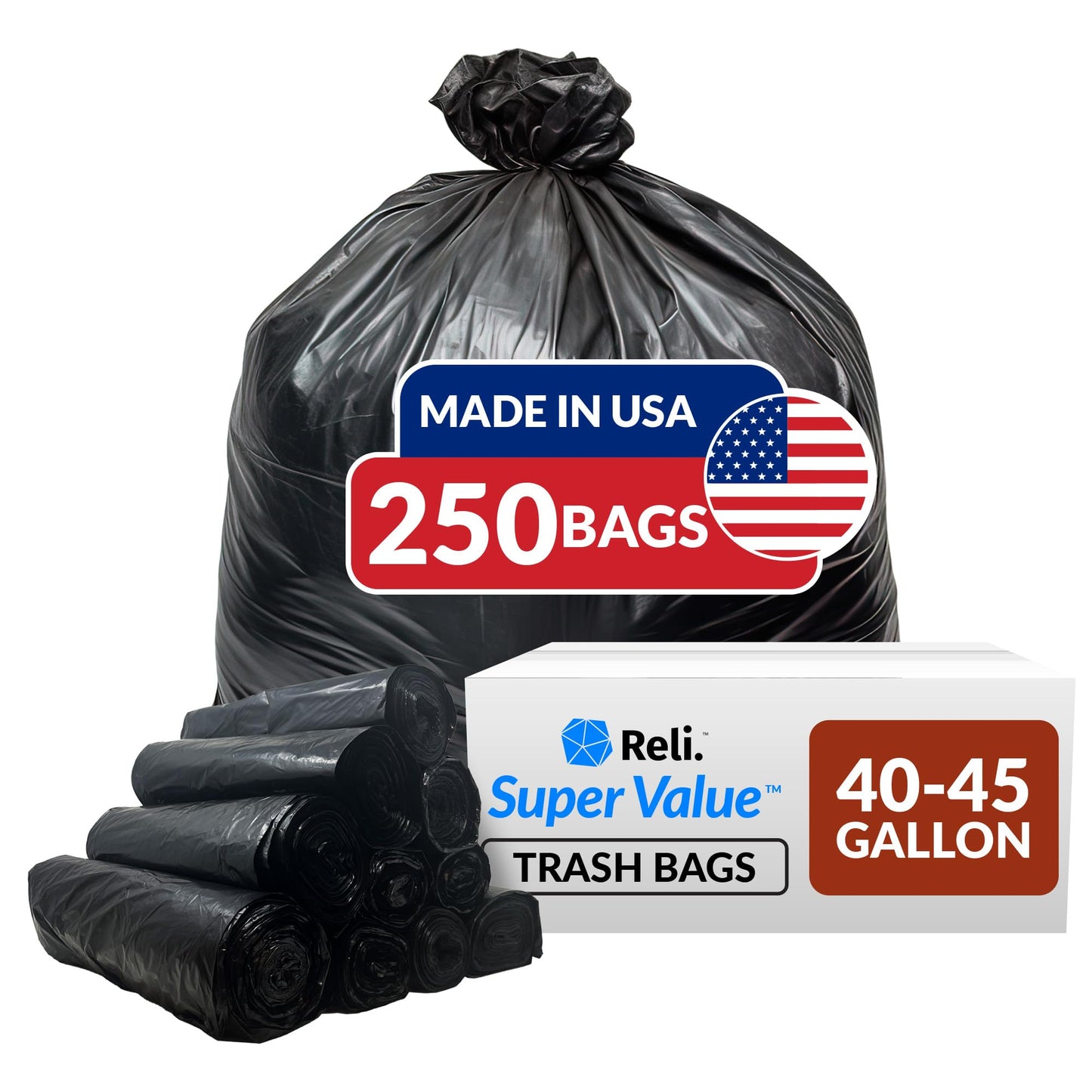 Heavy Duty Trash Bags, 40–45 Gallon, 250 Pack