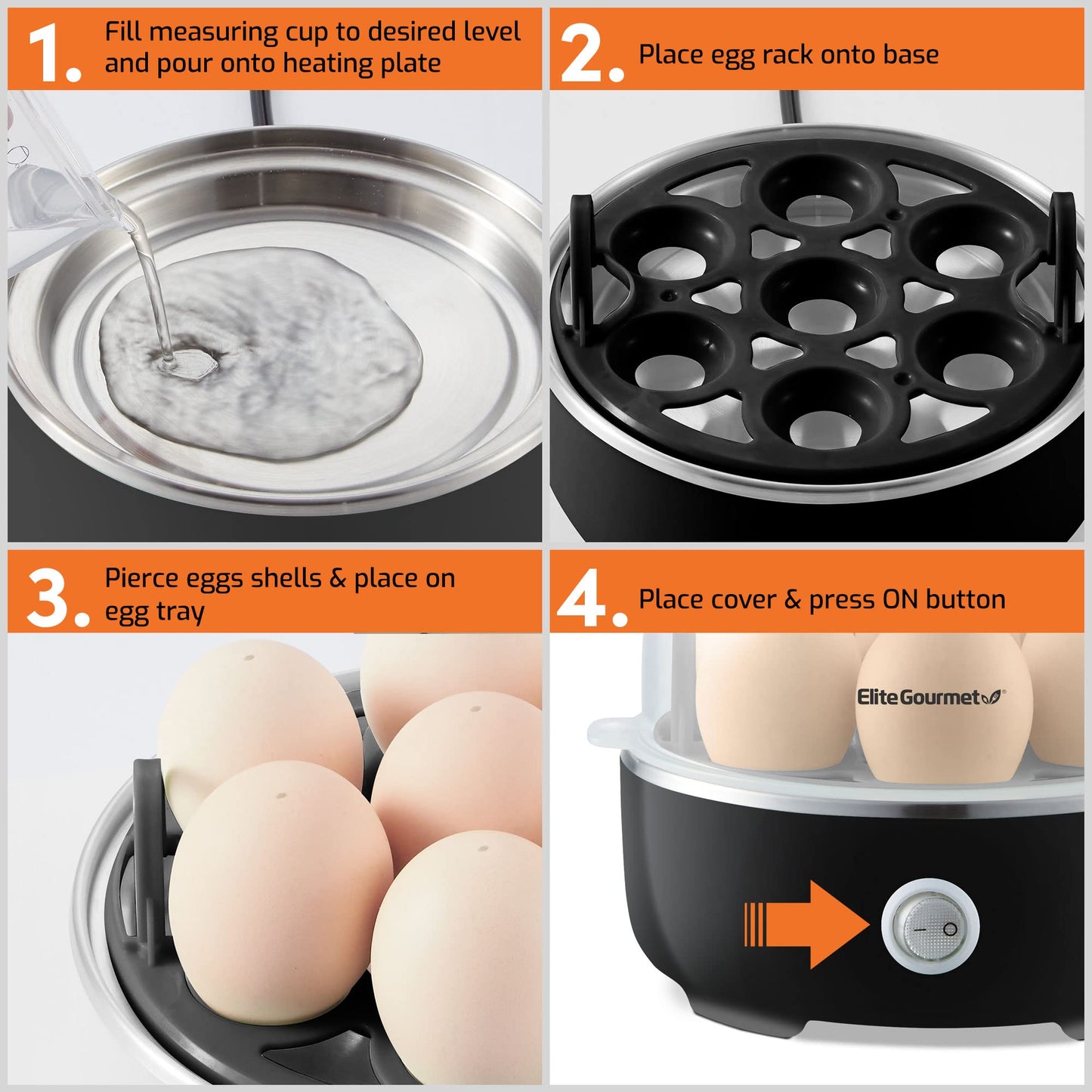 Elite Gourmet Easy Egg Cooker – 7 Egg Capacity, Auto Shut-Off, BPA-Free (Black)