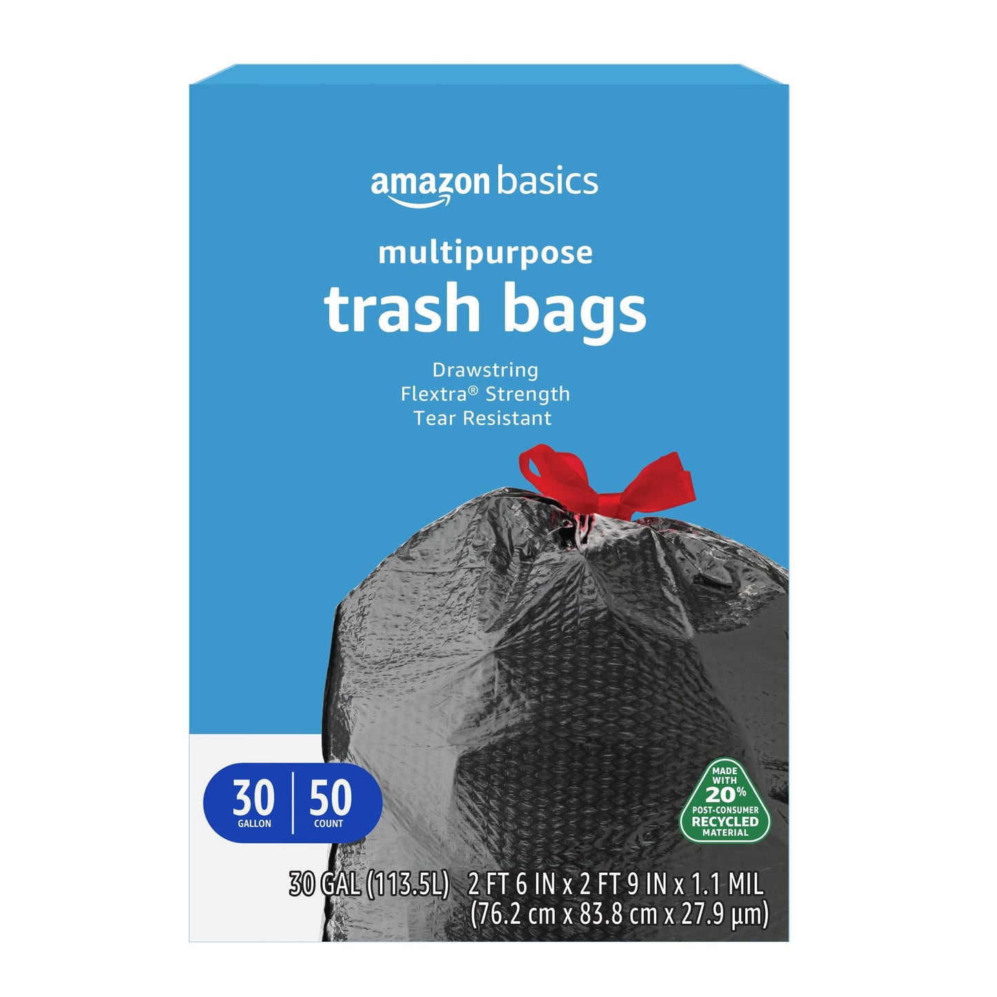 Multipurpose Drawstring Trash Bags, 30 Gallon, 50 Pack, Recycled