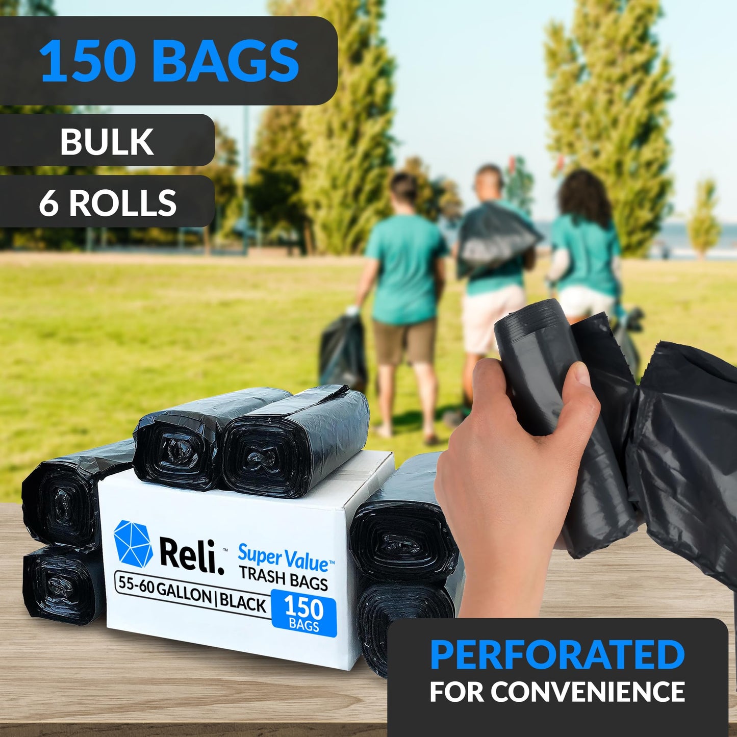 Heavy Duty Trash Bags, 55–60 Gallon, 150 Pack, Black
