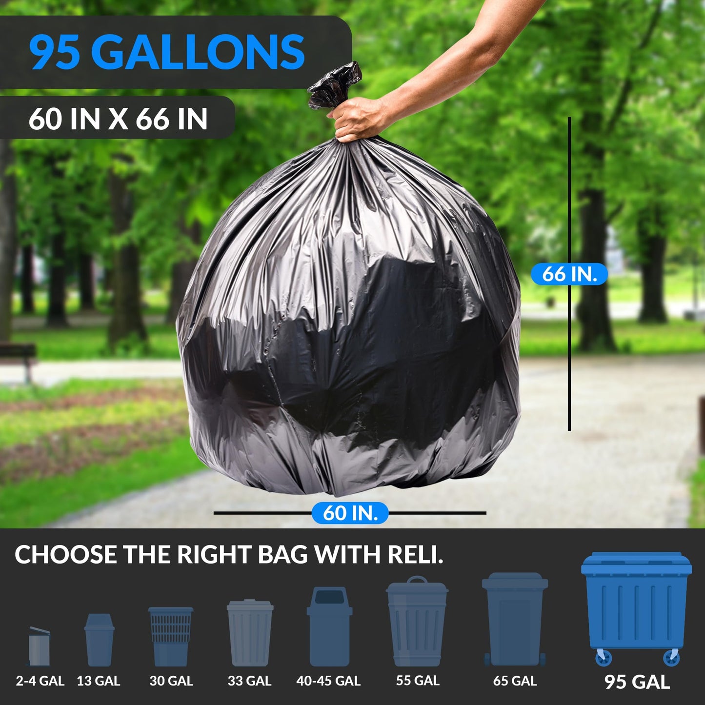 Heavy Duty Trash Bags, 95 Gallon, 68 Pack