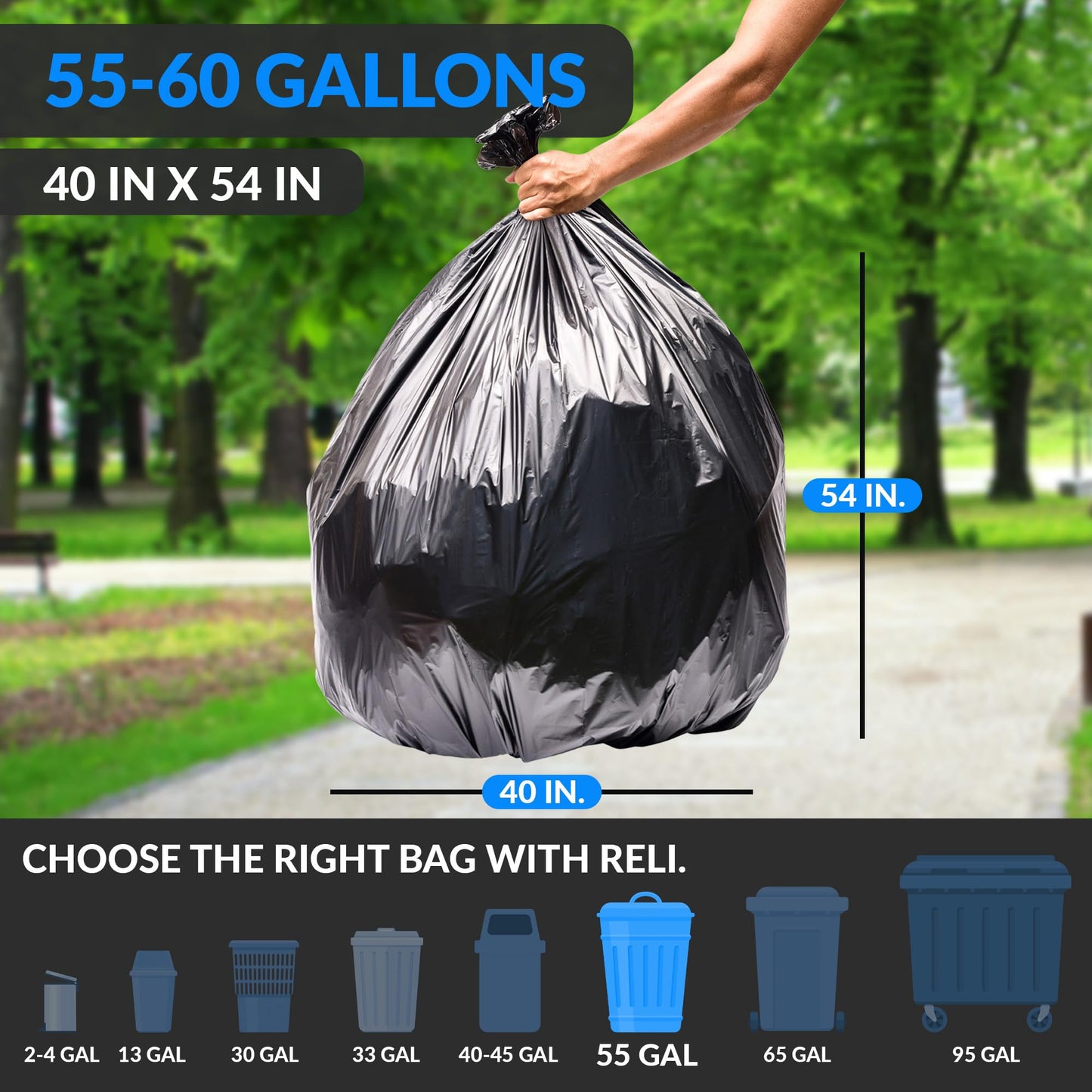 Heavy Duty Trash Bags, 55–60 Gallon, 150 Pack, Black