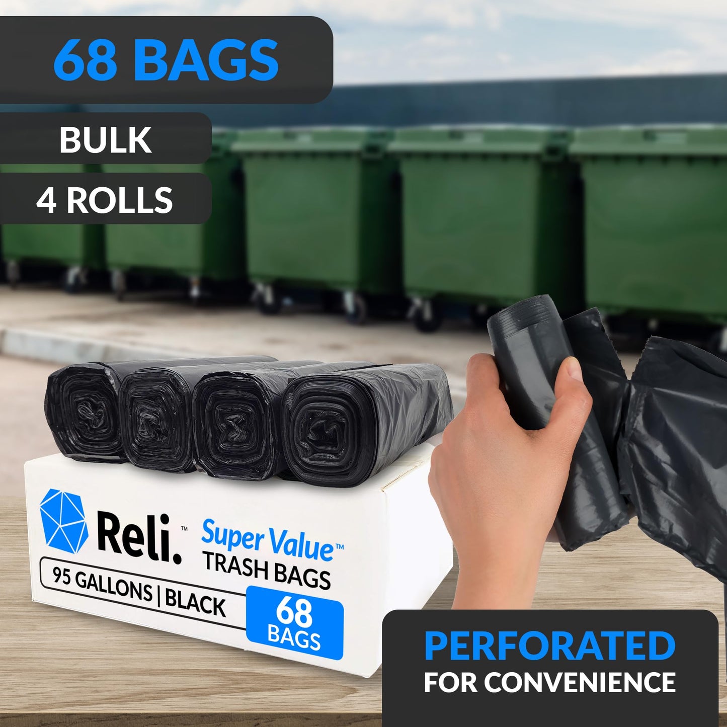 Heavy Duty Trash Bags, 95 Gallon, 68 Pack