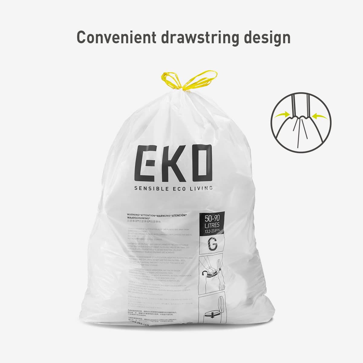 Drawstring Trash Bags, 21 Gallon, 60 Count, White
