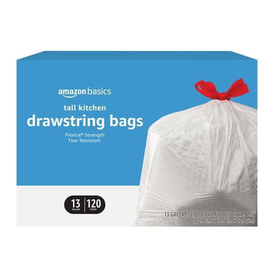 Tall Kitchen Drawstring Trash Bags, 13 Gallon, 120 Pack