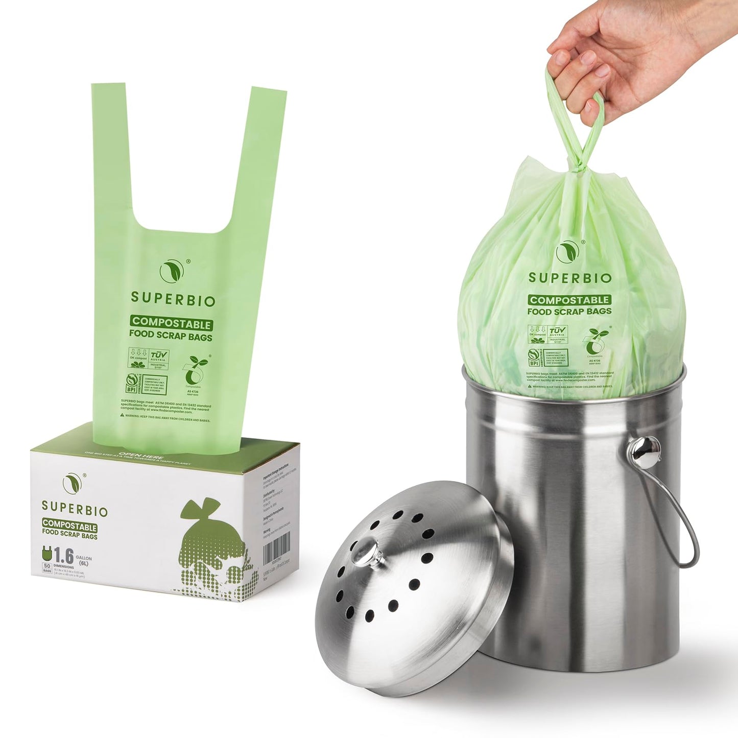 Compostable Food Scrap Bags, 1.6 Gallon, 50 Count