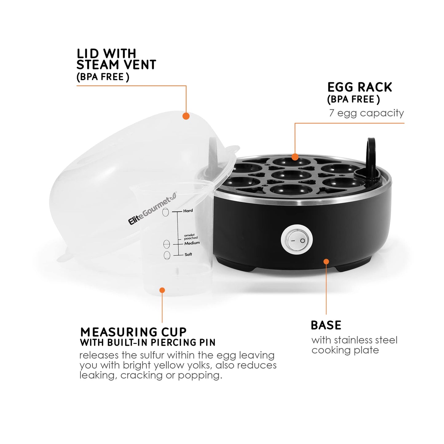 Elite Gourmet Easy Egg Cooker – 7 Egg Capacity, Auto Shut-Off, BPA-Free (Black)