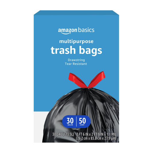 Multipurpose Drawstring Trash Bags, 30 Gallon, 50 Pack