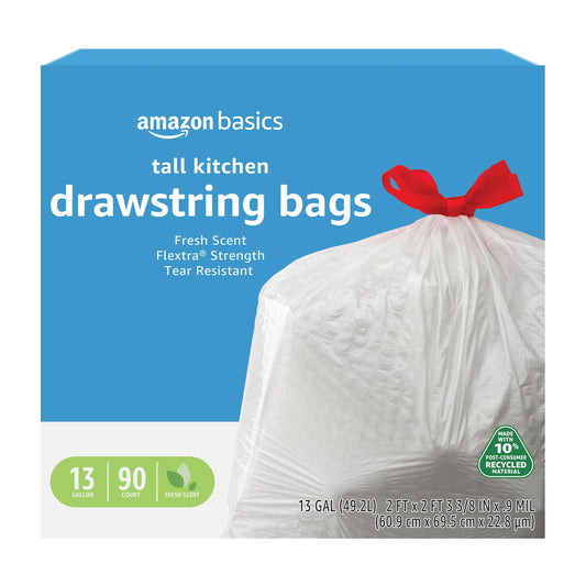 Tall Kitchen Drawstring Trash Bags, 13 Gallon, 90 Pack