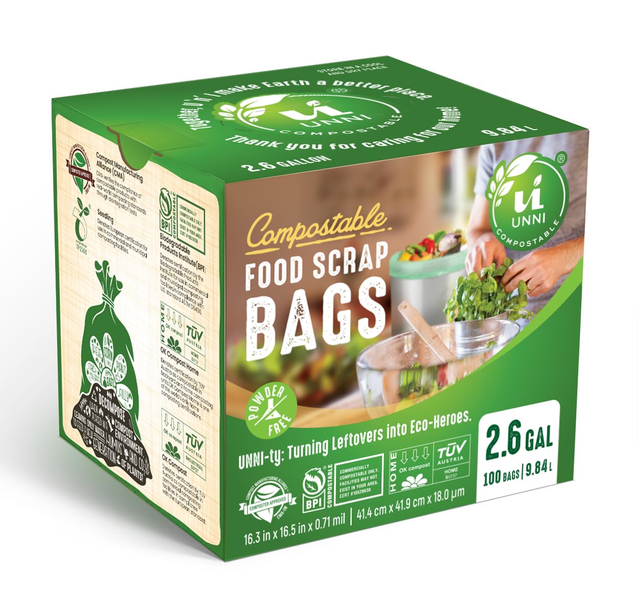 Compostable Trash Bags, 2.6 Gallon, 100 Pack