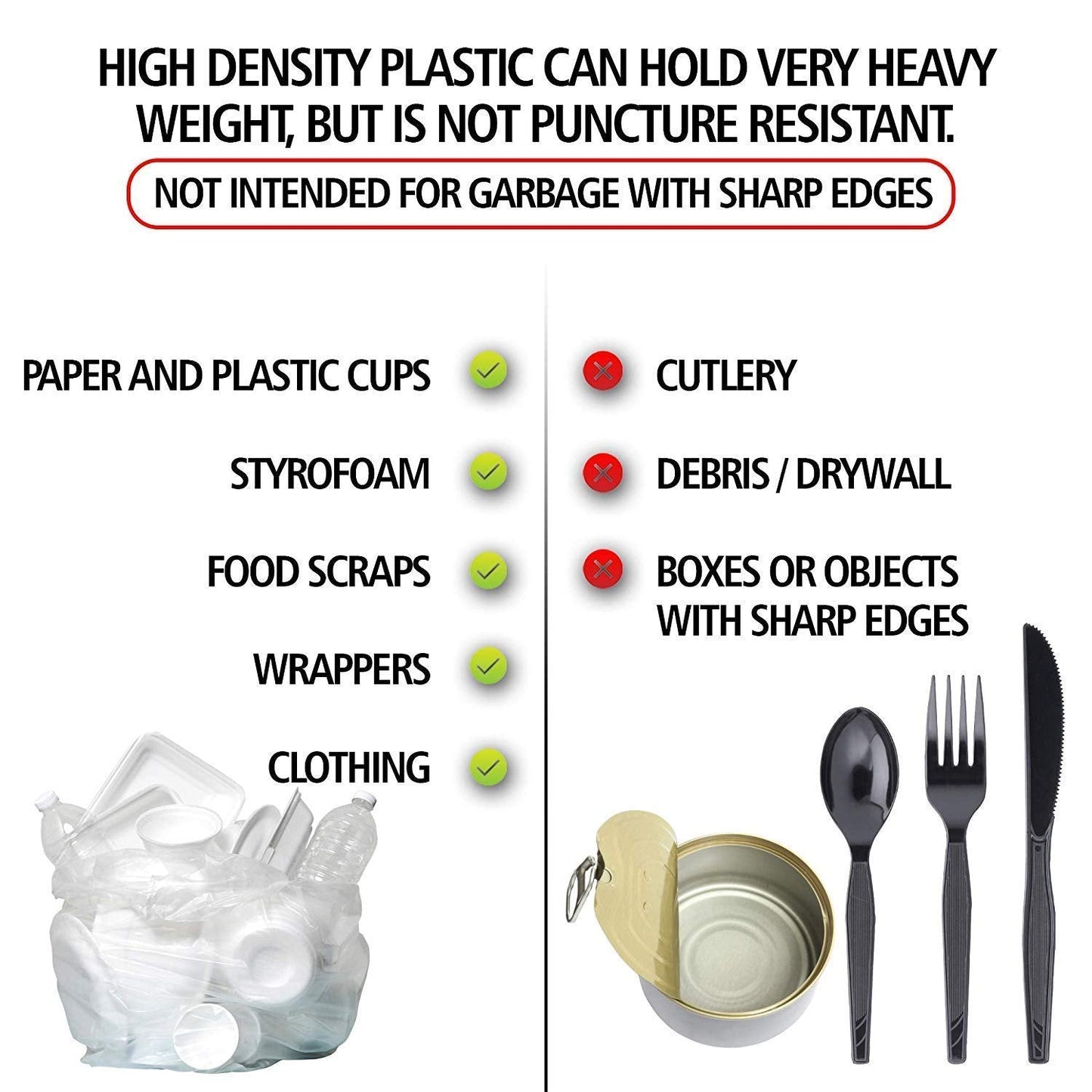 High Density Trash Bags, 60 Gallon, Black, 250 Pack