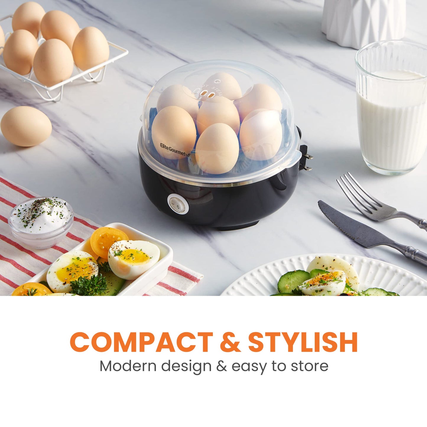 Elite Gourmet Easy Egg Cooker – 7 Egg Capacity, Auto Shut-Off, BPA-Free (Black)