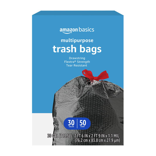 Multipurpose Drawstring Trash Bags, 30 Gallon, 50 Pack