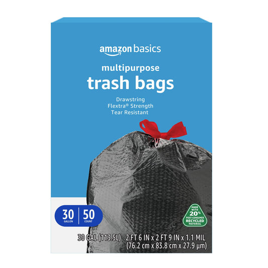 Multipurpose Drawstring Trash Bags, 30 Gallon, 50 Pack, Recycled