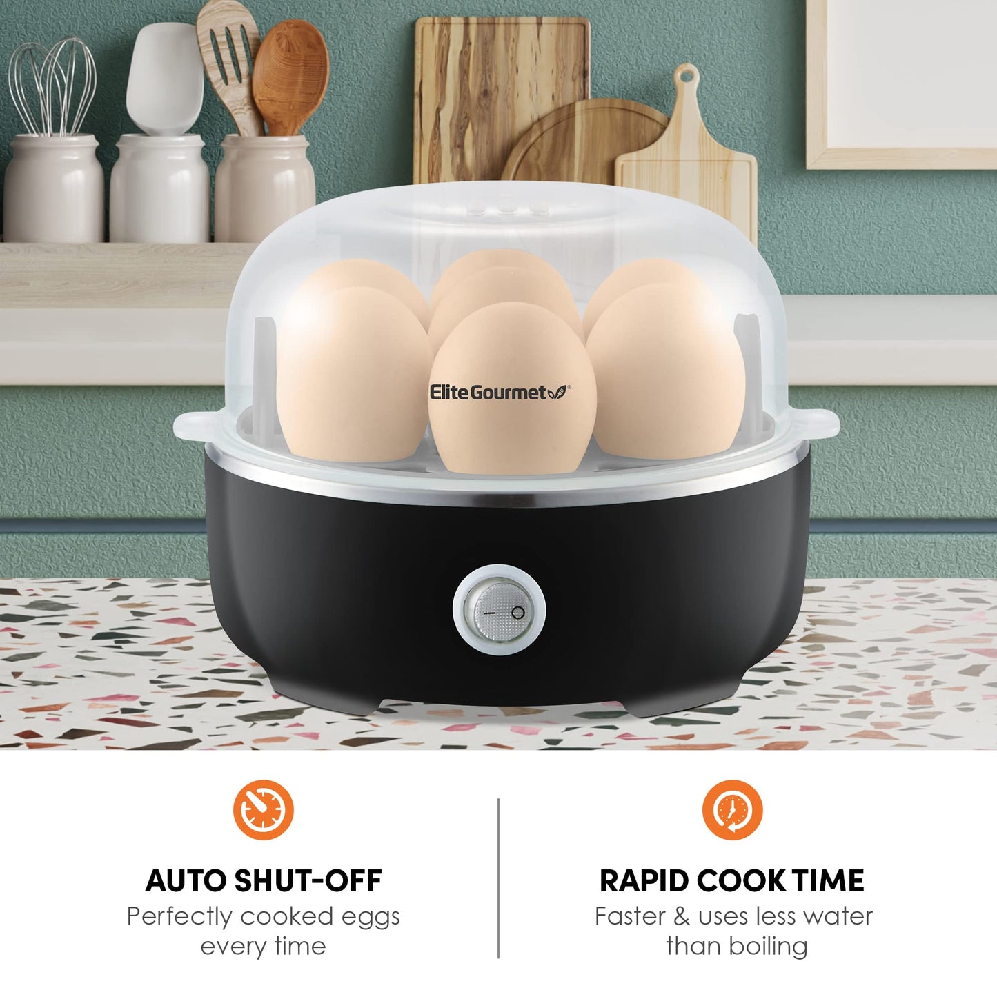 Elite Gourmet Easy Egg Cooker – 7 Egg Capacity, Auto Shut-Off, BPA-Free (Black)