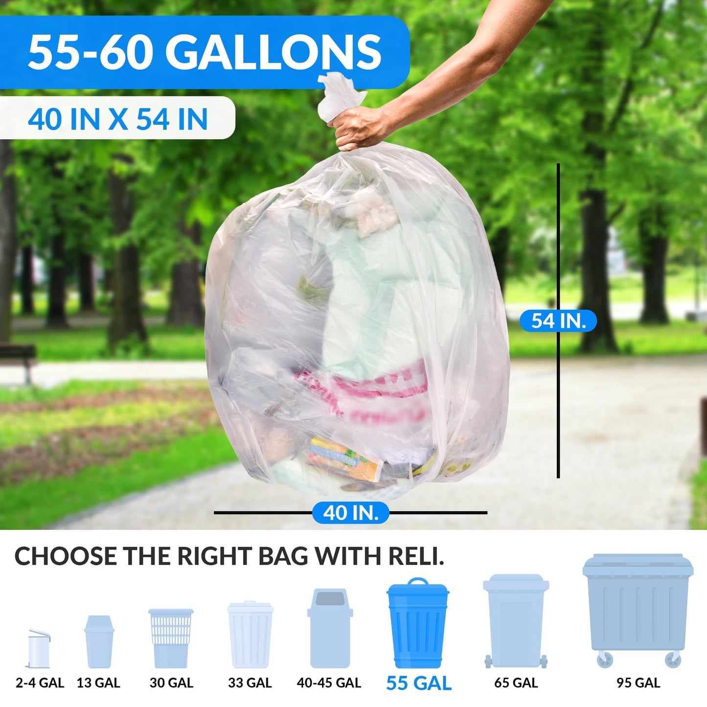 Heavy Duty Trash Bags, 55–60 Gallon, 150 Pack