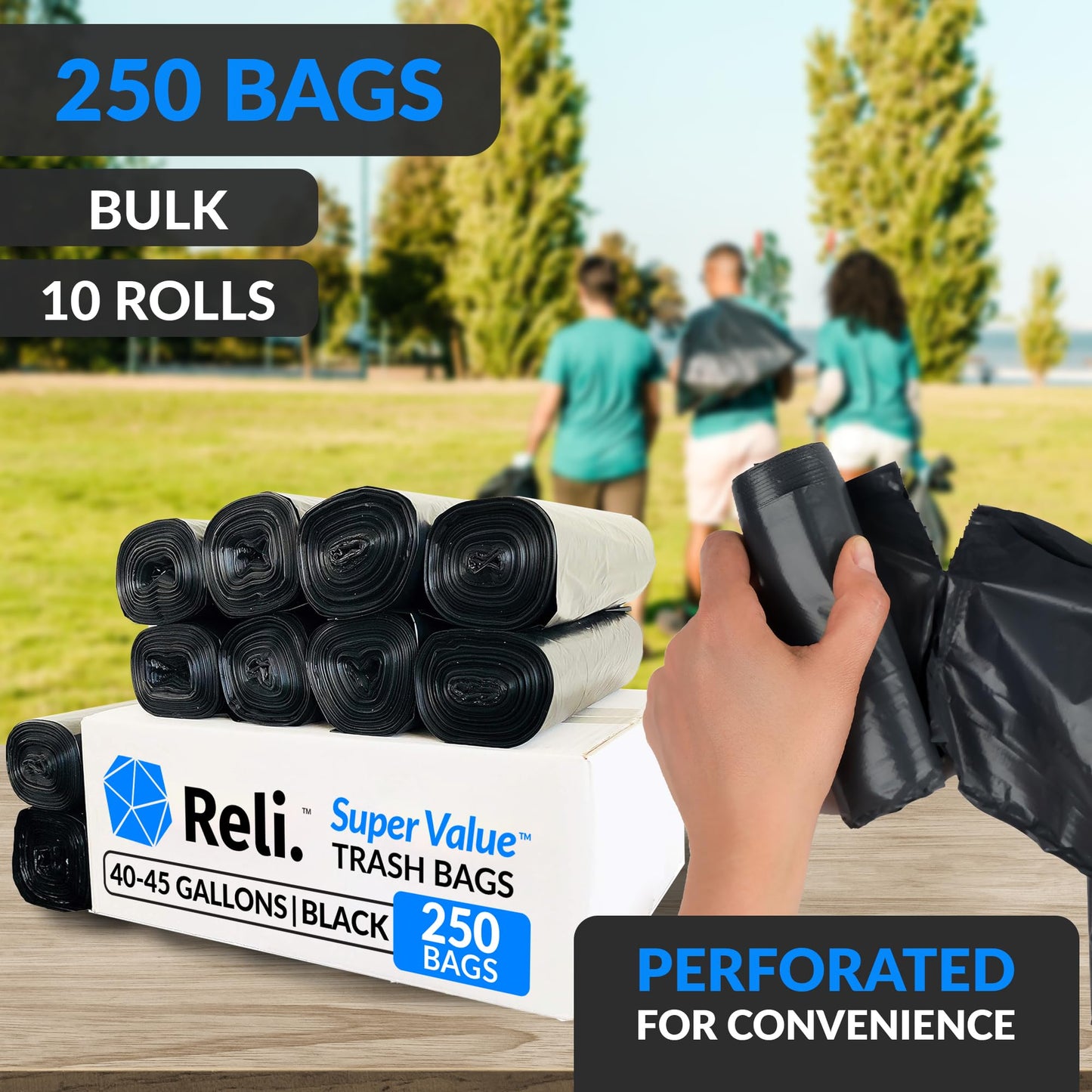 Heavy Duty Trash Bags, 40–45 Gallon, 250 Pack